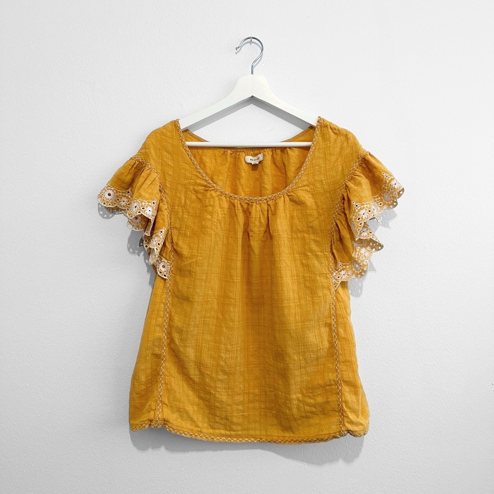 Max Studio Pretty Woman's Blouse Eyelet Lace Embroidered Boho Mustard Yellow XL